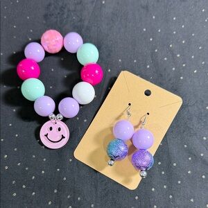 Colorful Smiley Face Bracelet and Earrings Set chunky, Viral
